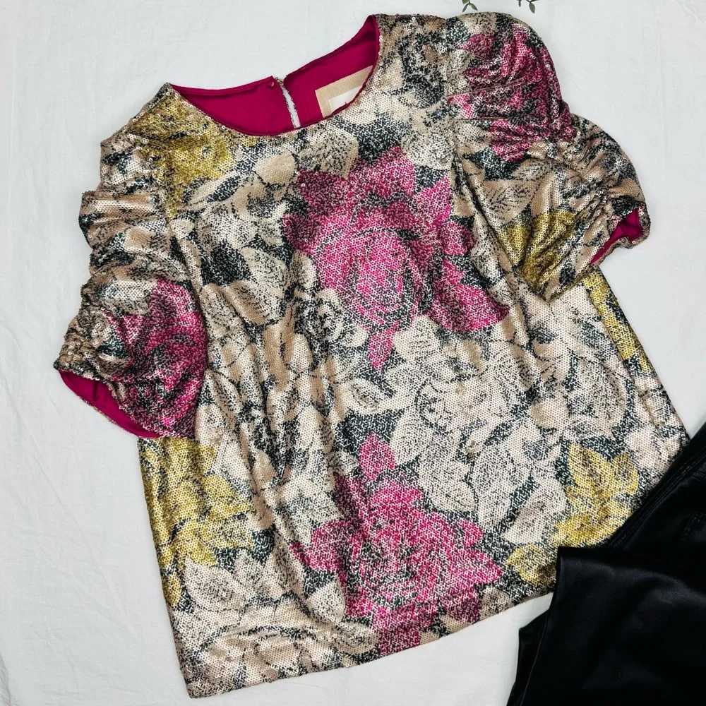 Anthropologie Marie Floral Sequin Puff Sleeve Blouse Top 2